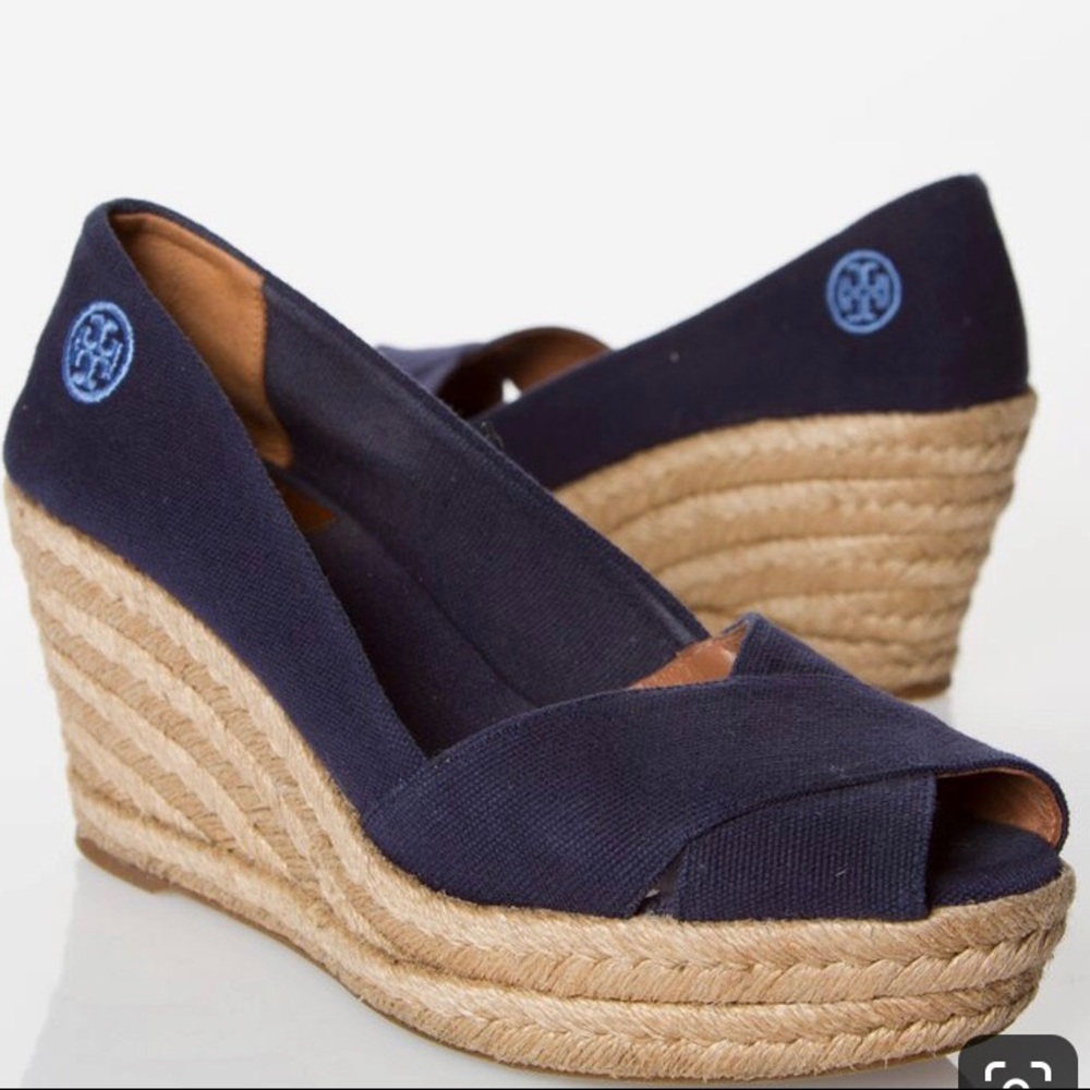 “SOLD” Tory Burch Navy Blue Espadrille Wedges
